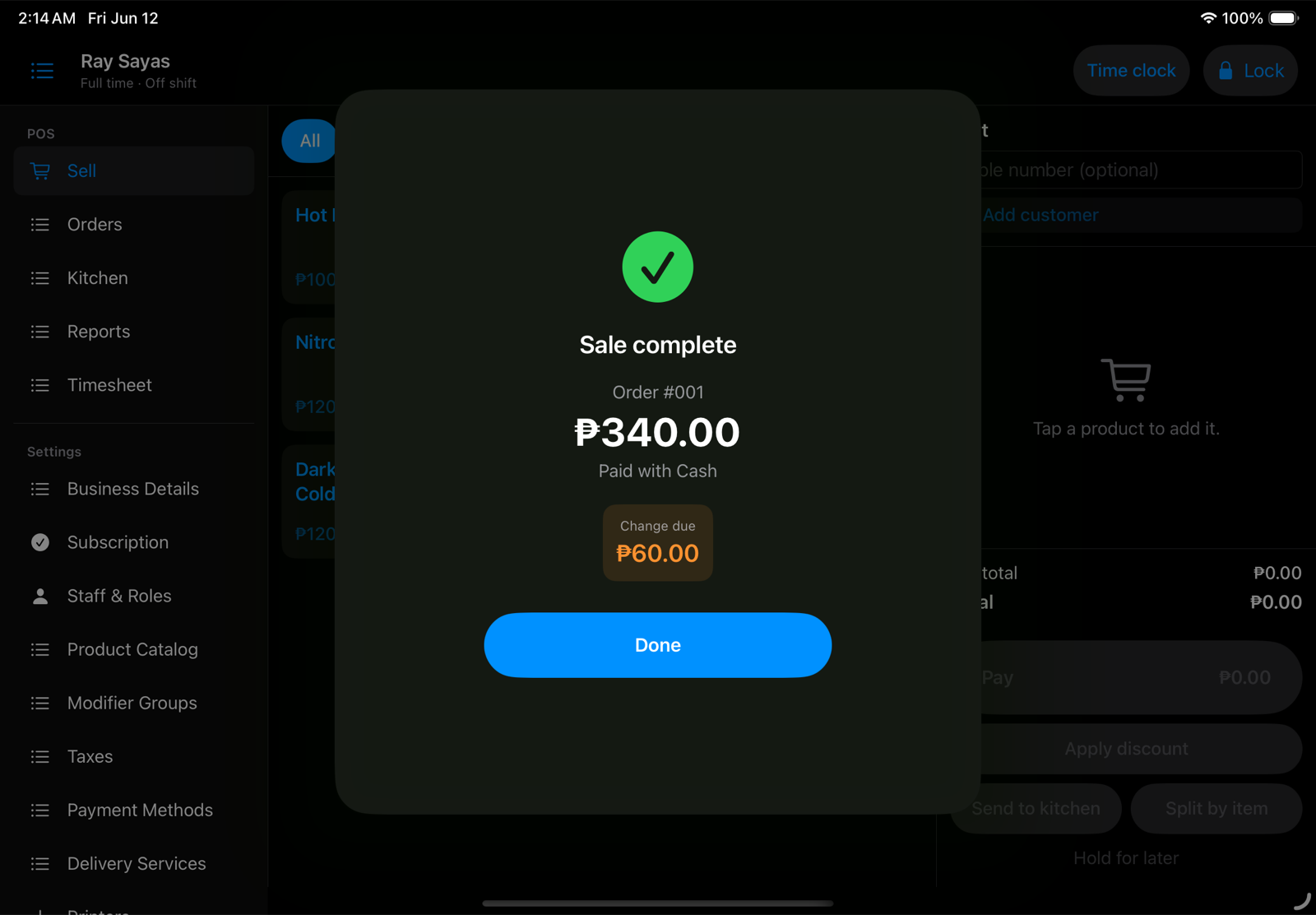 NexaTill payment confirmation showing change due